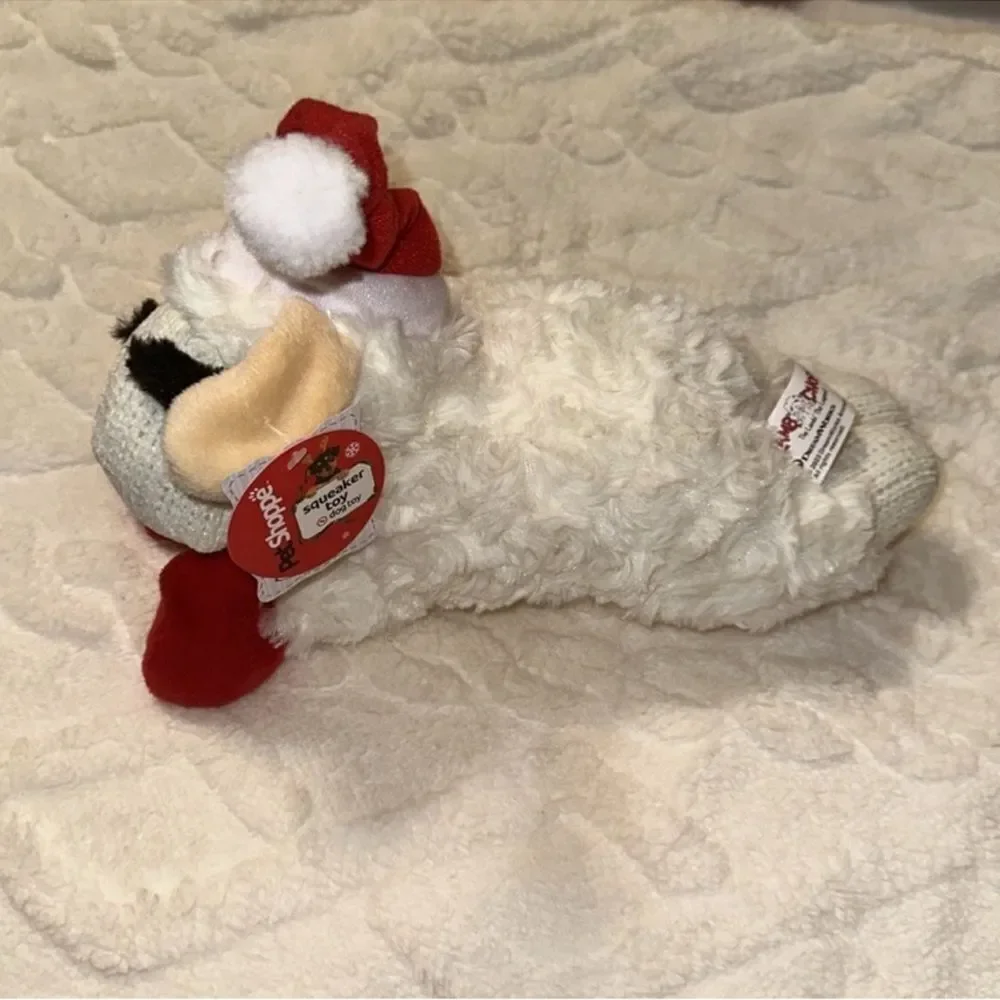 DreamW White Red Christmas Hat Holiday Plush Sweater Lamb Chop Squeaky Toy
